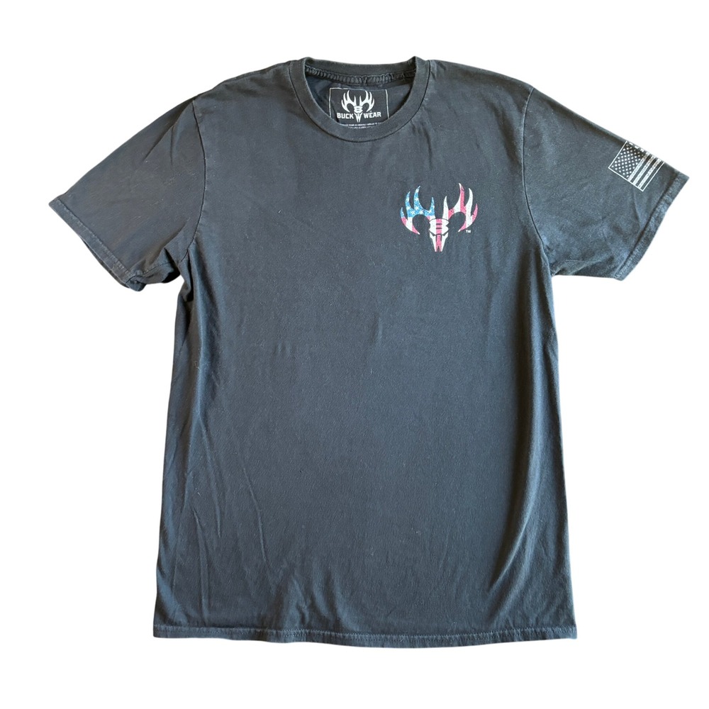 Buck Wear Mens Medium Gray Graphic‎ T-Shirt American Flag Skull Live Free